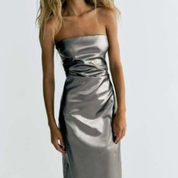 NEW Zara Women's METALLIC STRAPLESS LONG DRESS Silver - Picture 9 of 14